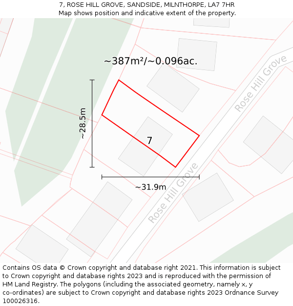 7, ROSE HILL GROVE, SANDSIDE, MILNTHORPE, LA7 7HR: Plot and title map