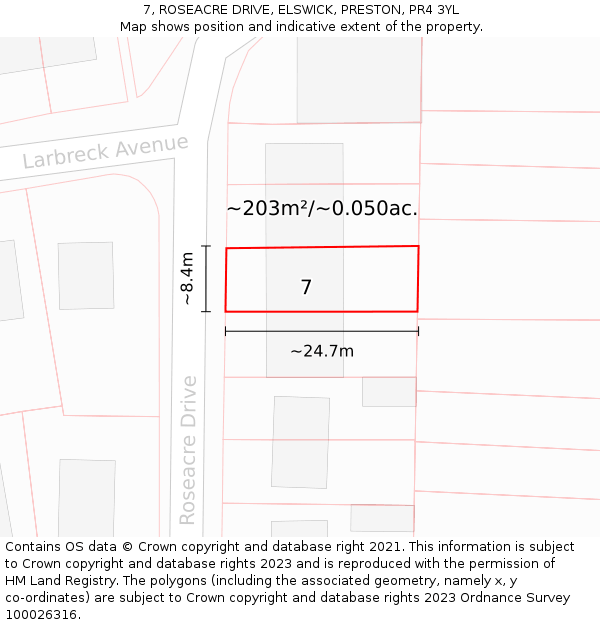 7, ROSEACRE DRIVE, ELSWICK, PRESTON, PR4 3YL: Plot and title map