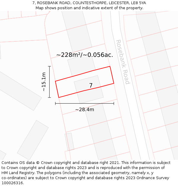 7, ROSEBANK ROAD, COUNTESTHORPE, LEICESTER, LE8 5YA: Plot and title map