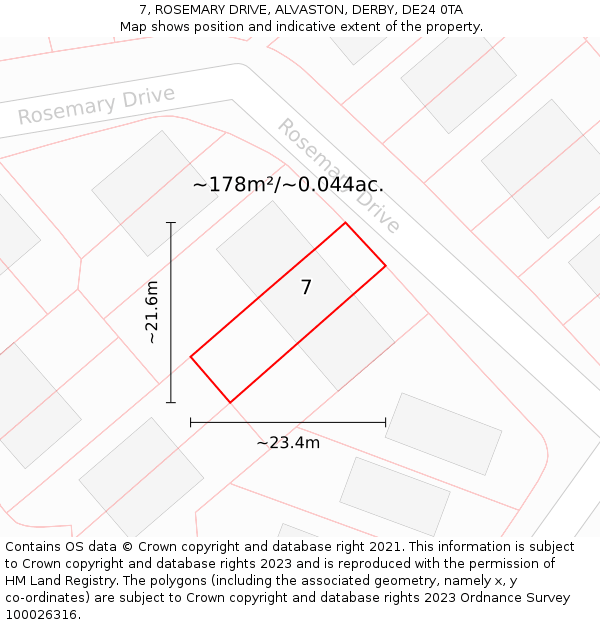 7, ROSEMARY DRIVE, ALVASTON, DERBY, DE24 0TA: Plot and title map