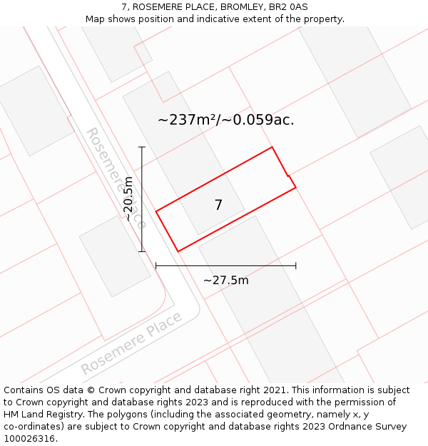 7, ROSEMERE PLACE, BROMLEY, BR2 0AS: Plot and title map