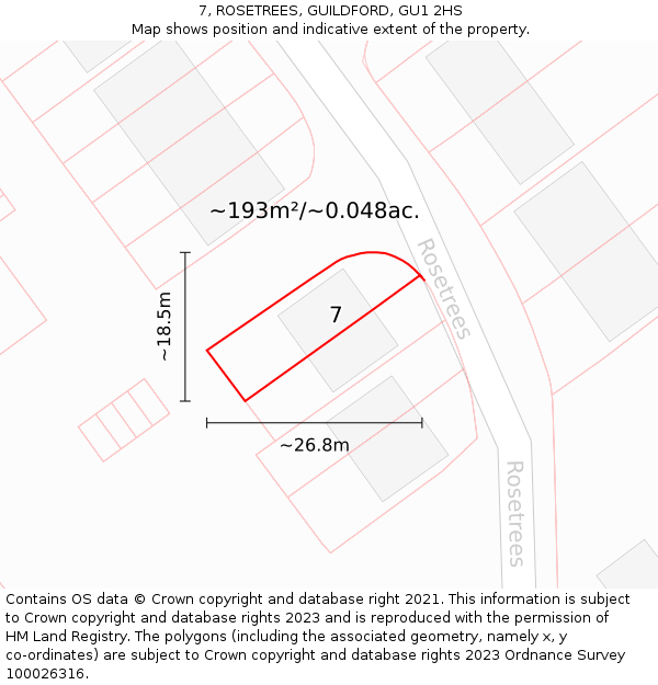7, ROSETREES, GUILDFORD, GU1 2HS: Plot and title map