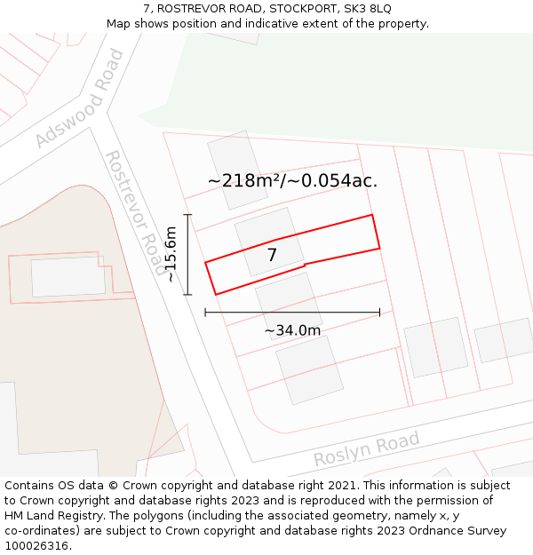 7, ROSTREVOR ROAD, STOCKPORT, SK3 8LQ: Plot and title map