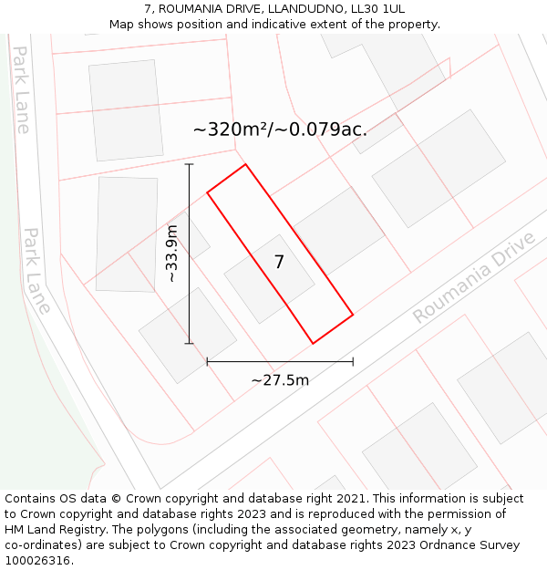 7, ROUMANIA DRIVE, LLANDUDNO, LL30 1UL: Plot and title map