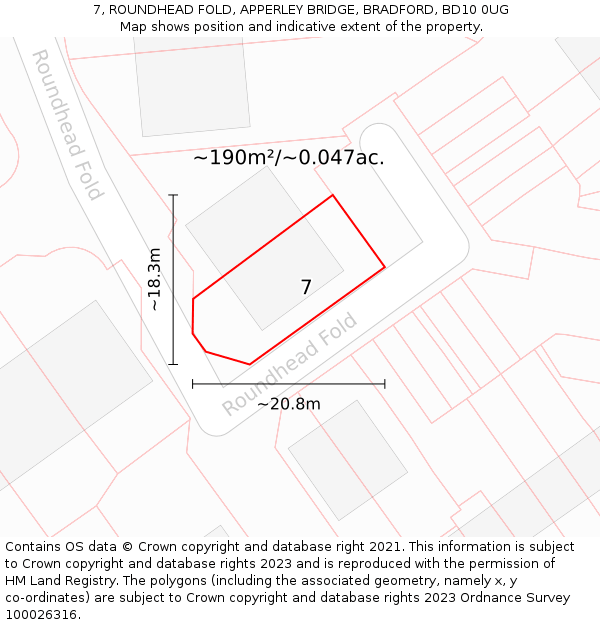 7, ROUNDHEAD FOLD, APPERLEY BRIDGE, BRADFORD, BD10 0UG: Plot and title map