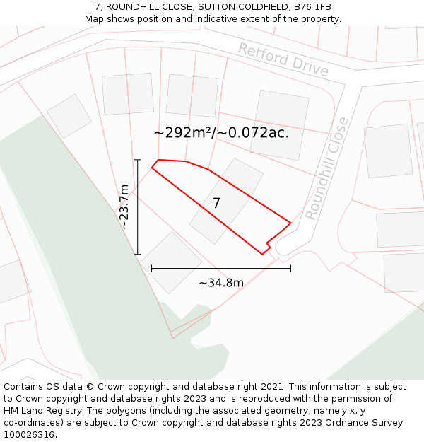 7, ROUNDHILL CLOSE, SUTTON COLDFIELD, B76 1FB: Plot and title map