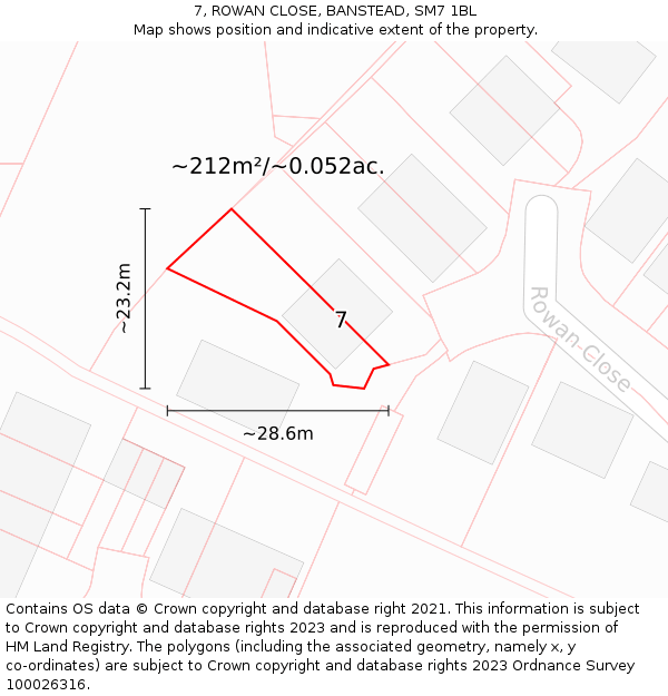 7, ROWAN CLOSE, BANSTEAD, SM7 1BL: Plot and title map