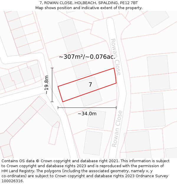 7, ROWAN CLOSE, HOLBEACH, SPALDING, PE12 7BT: Plot and title map