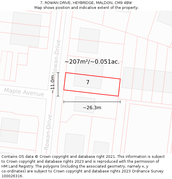 7, ROWAN DRIVE, HEYBRIDGE, MALDON, CM9 4BW: Plot and title map