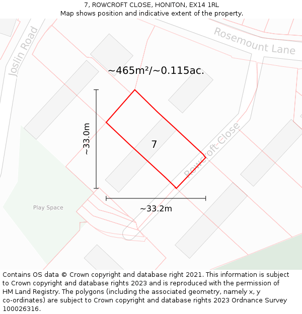7, ROWCROFT CLOSE, HONITON, EX14 1RL: Plot and title map