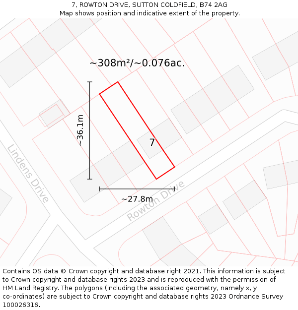 7, ROWTON DRIVE, SUTTON COLDFIELD, B74 2AG: Plot and title map