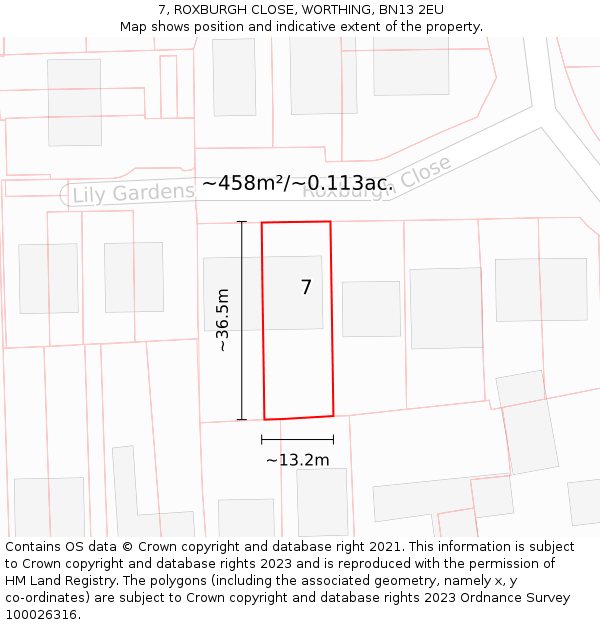 7, ROXBURGH CLOSE, WORTHING, BN13 2EU: Plot and title map