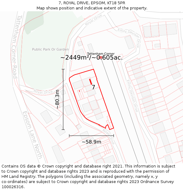 7, ROYAL DRIVE, EPSOM, KT18 5PR: Plot and title map