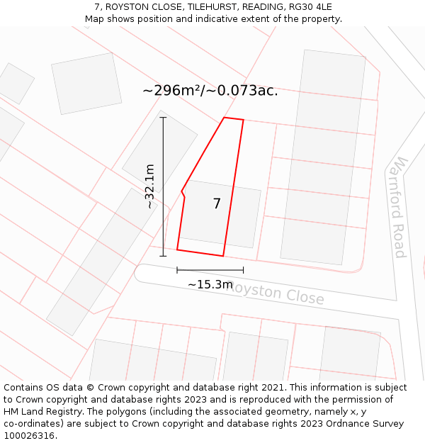 7, ROYSTON CLOSE, TILEHURST, READING, RG30 4LE: Plot and title map