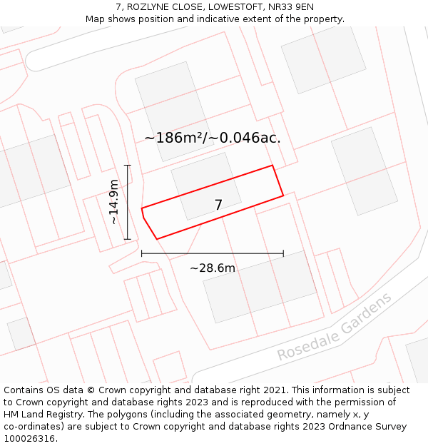 7, ROZLYNE CLOSE, LOWESTOFT, NR33 9EN: Plot and title map
