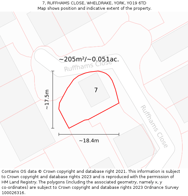 7, RUFFHAMS CLOSE, WHELDRAKE, YORK, YO19 6TD: Plot and title map