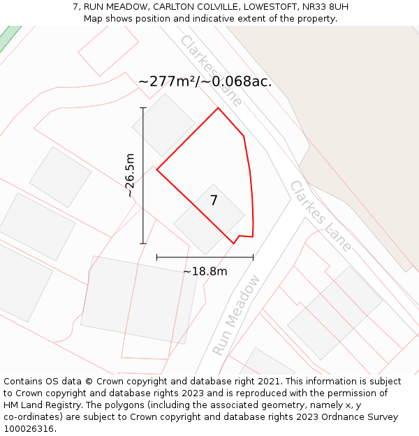 7, RUN MEADOW, CARLTON COLVILLE, LOWESTOFT, NR33 8UH: Plot and title map