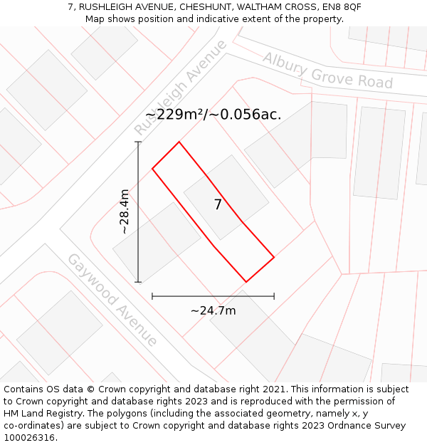 7, RUSHLEIGH AVENUE, CHESHUNT, WALTHAM CROSS, EN8 8QF: Plot and title map