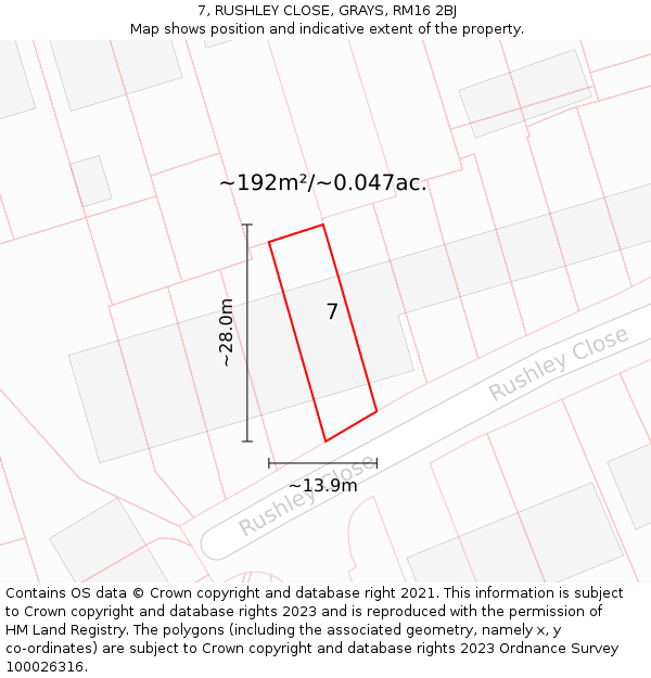 7, RUSHLEY CLOSE, GRAYS, RM16 2BJ: Plot and title map