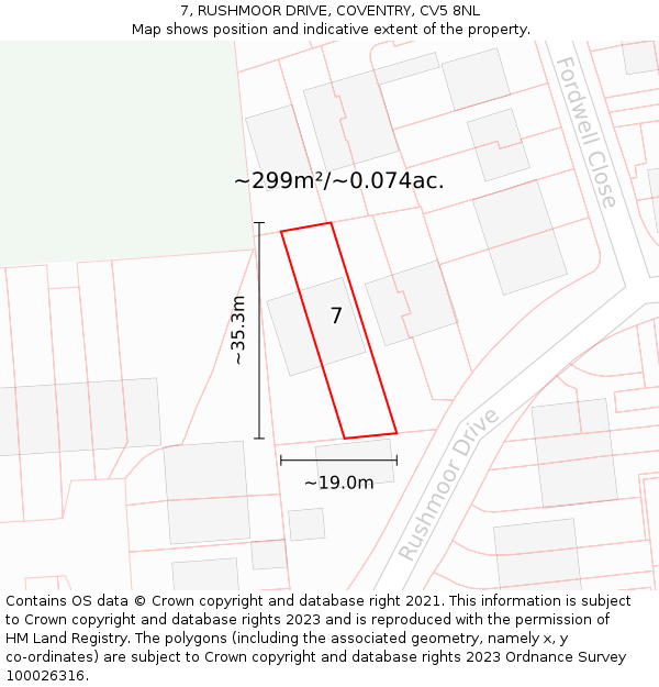 7, RUSHMOOR DRIVE, COVENTRY, CV5 8NL: Plot and title map