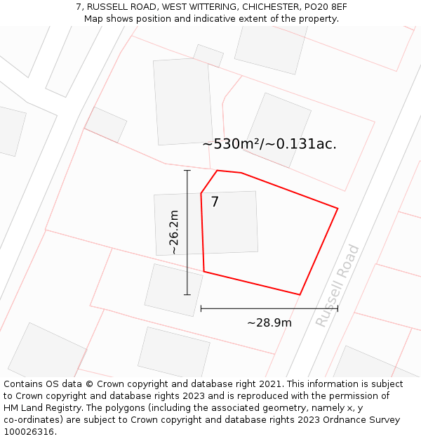 7, RUSSELL ROAD, WEST WITTERING, CHICHESTER, PO20 8EF: Plot and title map