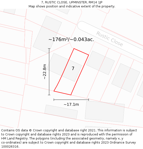 7, RUSTIC CLOSE, UPMINSTER, RM14 1JP: Plot and title map