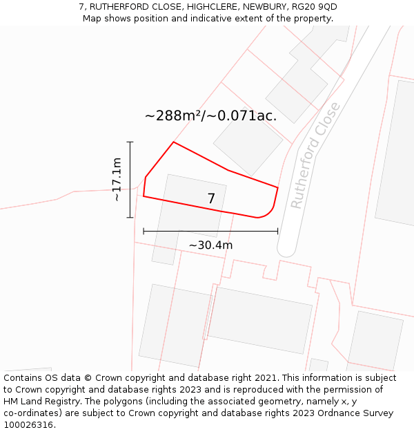 7, RUTHERFORD CLOSE, HIGHCLERE, NEWBURY, RG20 9QD: Plot and title map