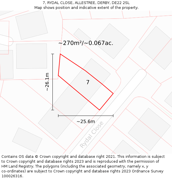 7, RYDAL CLOSE, ALLESTREE, DERBY, DE22 2SL: Plot and title map
