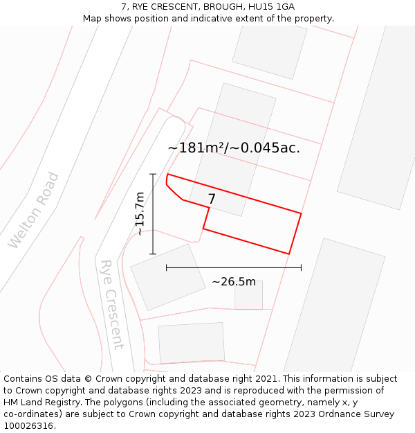 7, RYE CRESCENT, BROUGH, HU15 1GA: Plot and title map