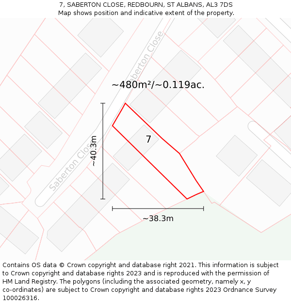 7, SABERTON CLOSE, REDBOURN, ST ALBANS, AL3 7DS: Plot and title map