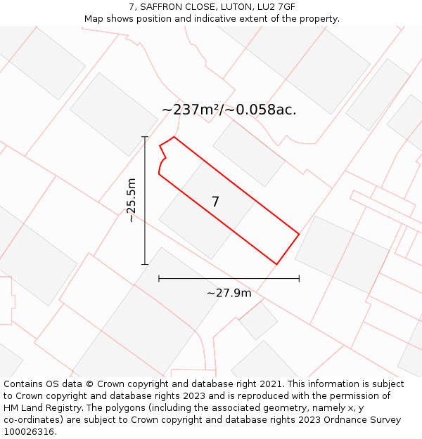 7, SAFFRON CLOSE, LUTON, LU2 7GF: Plot and title map