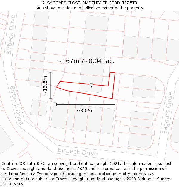 7, SAGGARS CLOSE, MADELEY, TELFORD, TF7 5TR: Plot and title map