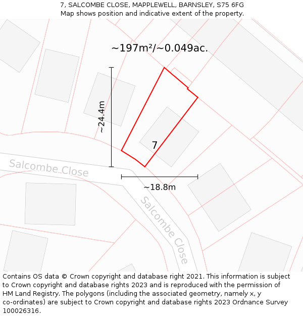 7, SALCOMBE CLOSE, MAPPLEWELL, BARNSLEY, S75 6FG: Plot and title map