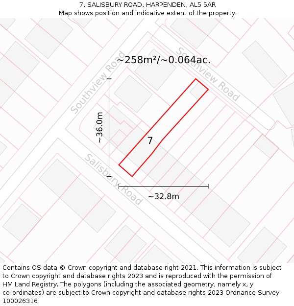 7, SALISBURY ROAD, HARPENDEN, AL5 5AR: Plot and title map