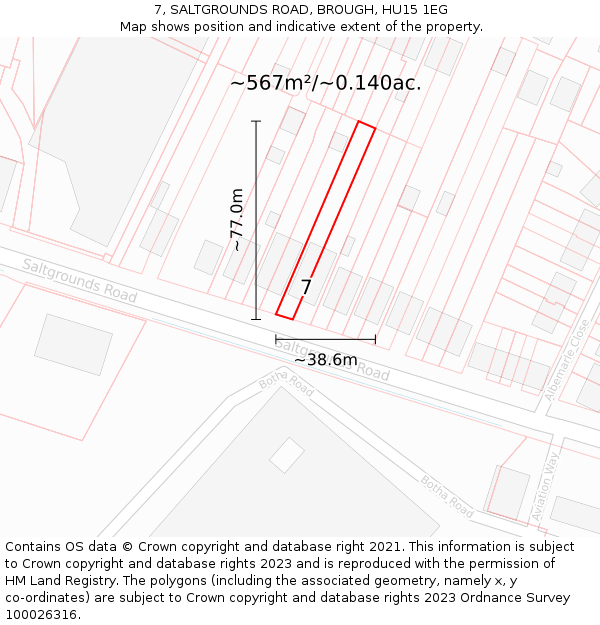 7, SALTGROUNDS ROAD, BROUGH, HU15 1EG: Plot and title map