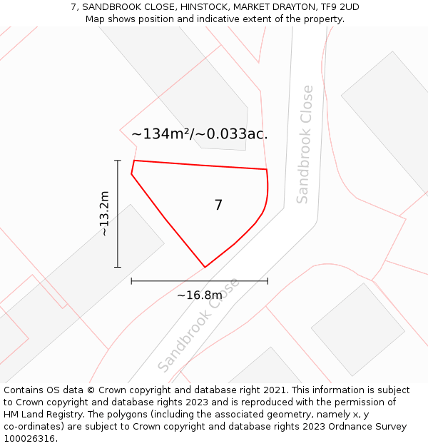 7, SANDBROOK CLOSE, HINSTOCK, MARKET DRAYTON, TF9 2UD: Plot and title map