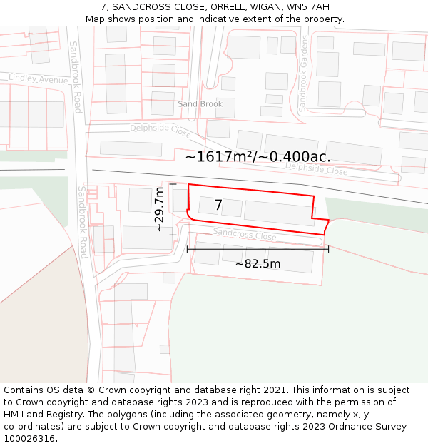 7, SANDCROSS CLOSE, ORRELL, WIGAN, WN5 7AH: Plot and title map