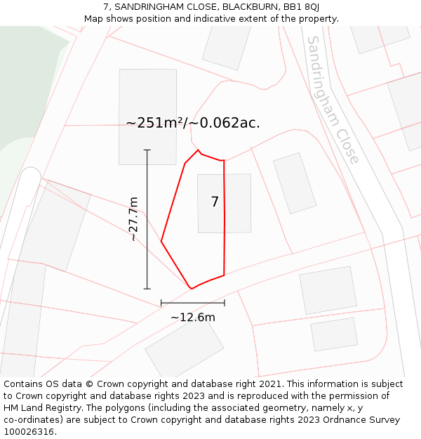 7, SANDRINGHAM CLOSE, BLACKBURN, BB1 8QJ: Plot and title map