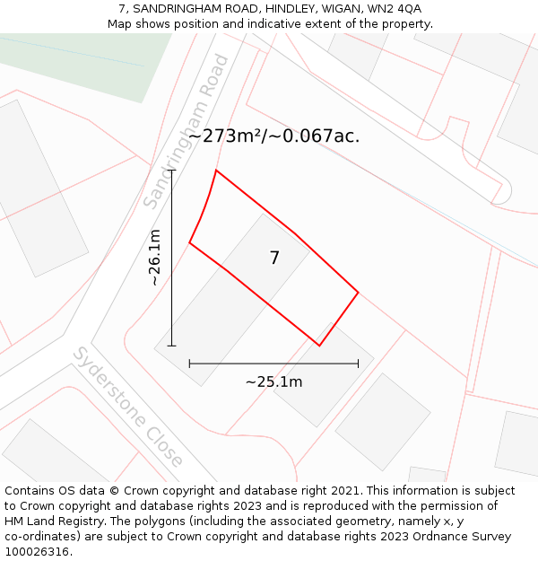 7, SANDRINGHAM ROAD, HINDLEY, WIGAN, WN2 4QA: Plot and title map