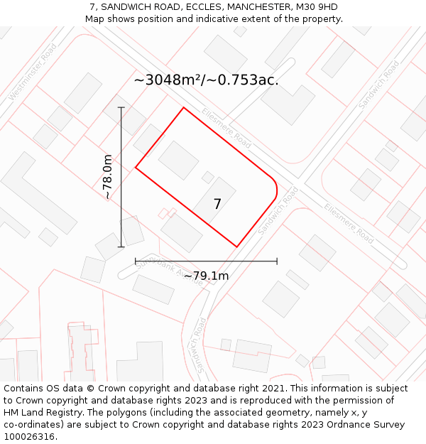 7, SANDWICH ROAD, ECCLES, MANCHESTER, M30 9HD: Plot and title map
