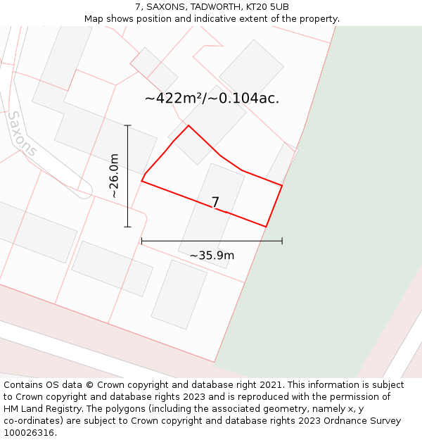 7, SAXONS, TADWORTH, KT20 5UB: Plot and title map