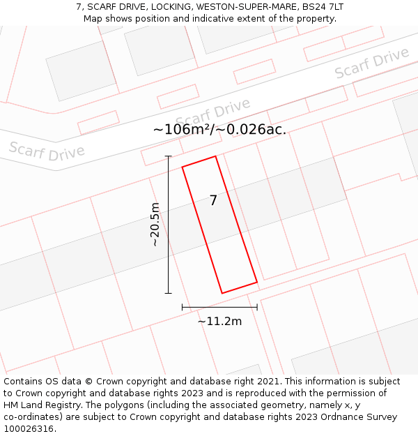 7, SCARF DRIVE, LOCKING, WESTON-SUPER-MARE, BS24 7LT: Plot and title map