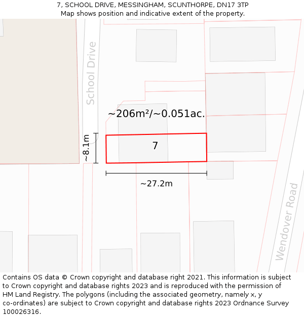 7, SCHOOL DRIVE, MESSINGHAM, SCUNTHORPE, DN17 3TP: Plot and title map
