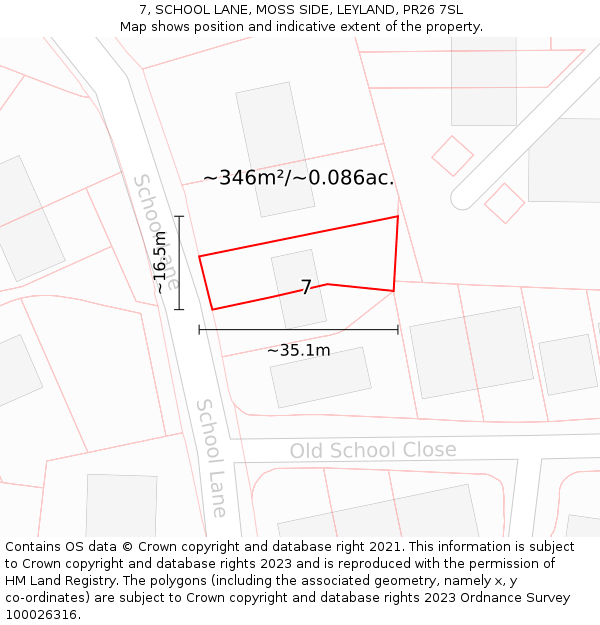 7, SCHOOL LANE, MOSS SIDE, LEYLAND, PR26 7SL: Plot and title map