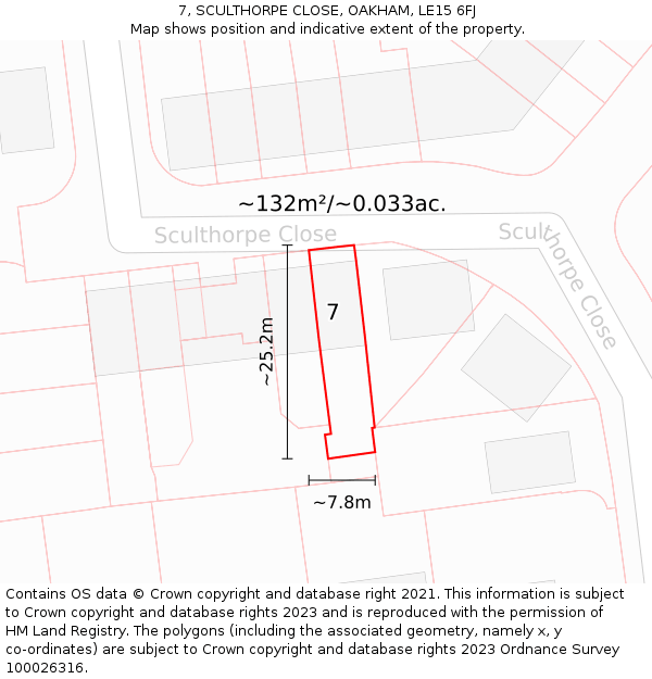 7, SCULTHORPE CLOSE, OAKHAM, LE15 6FJ: Plot and title map