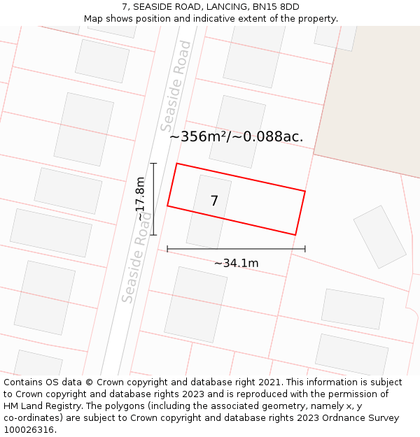 7, SEASIDE ROAD, LANCING, BN15 8DD: Plot and title map