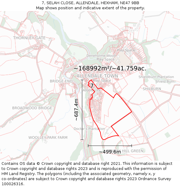 7, SELAH CLOSE, ALLENDALE, HEXHAM, NE47 9BB: Plot and title map