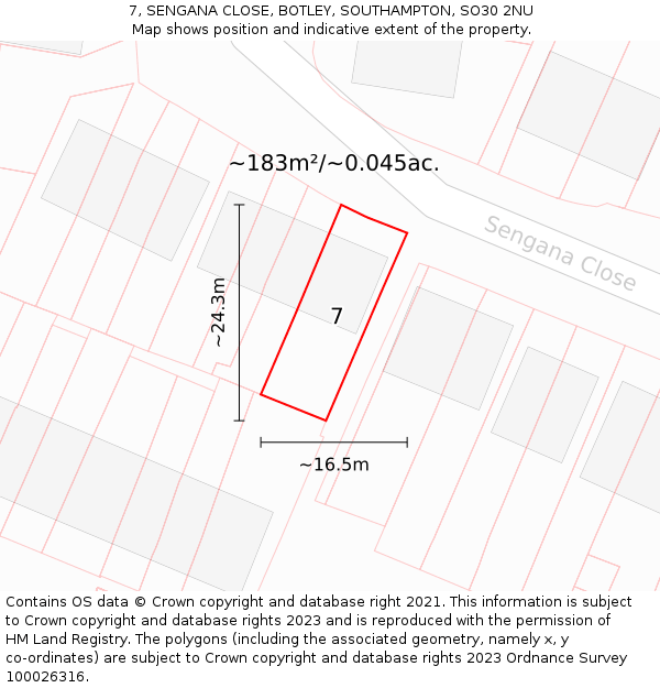 7, SENGANA CLOSE, BOTLEY, SOUTHAMPTON, SO30 2NU: Plot and title map