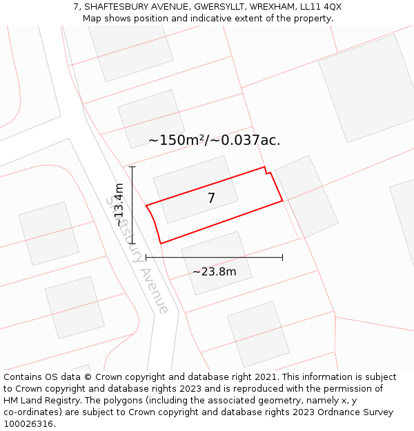 7, SHAFTESBURY AVENUE, GWERSYLLT, WREXHAM, LL11 4QX: Plot and title map
