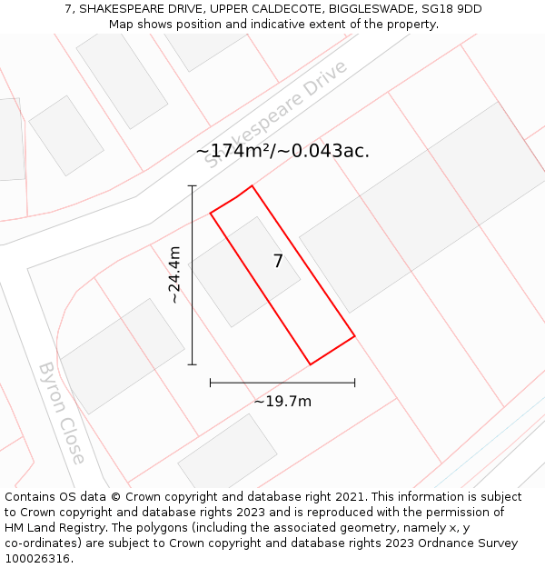 7, SHAKESPEARE DRIVE, UPPER CALDECOTE, BIGGLESWADE, SG18 9DD: Plot and title map